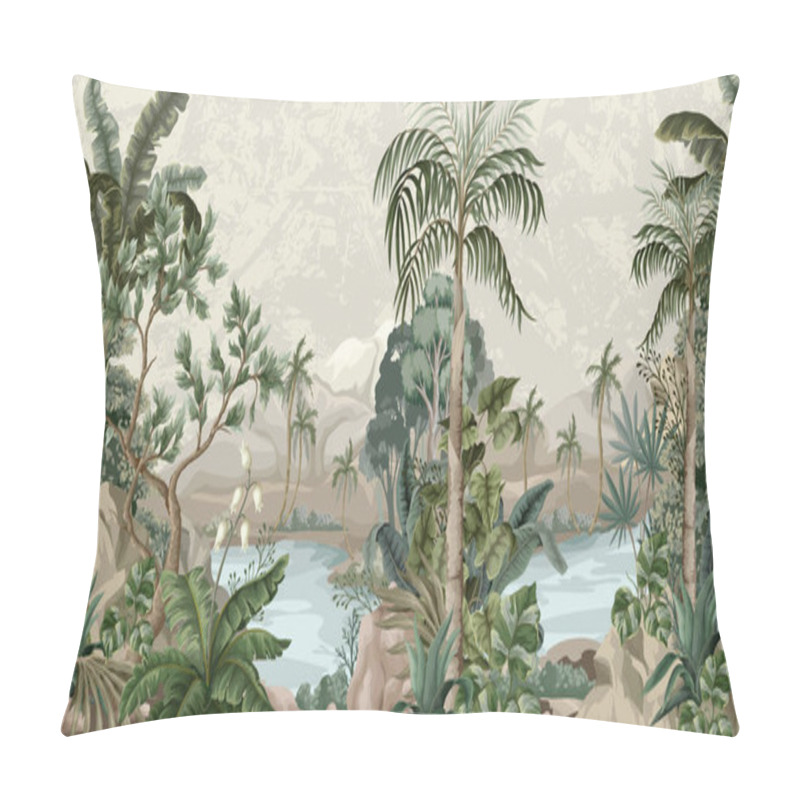 Personality  Jungle Landscape With River And Palms. Interior Print Mural. Pillow Covers