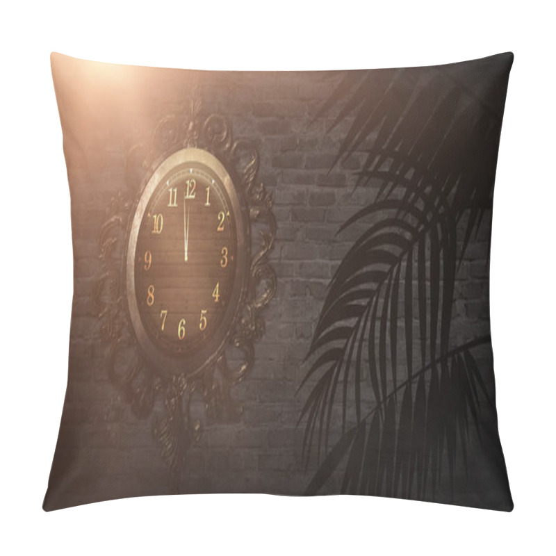 Personality  Dark Room, Spotlight, Rays. Old Clock In A Metal Frame. Old Brick Wall, Neon Light. Empty Room Scene, Night View. Pillow Covers