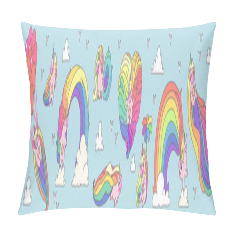 Personality  Vector Big Unicorns Blue Set.  Pillow Covers