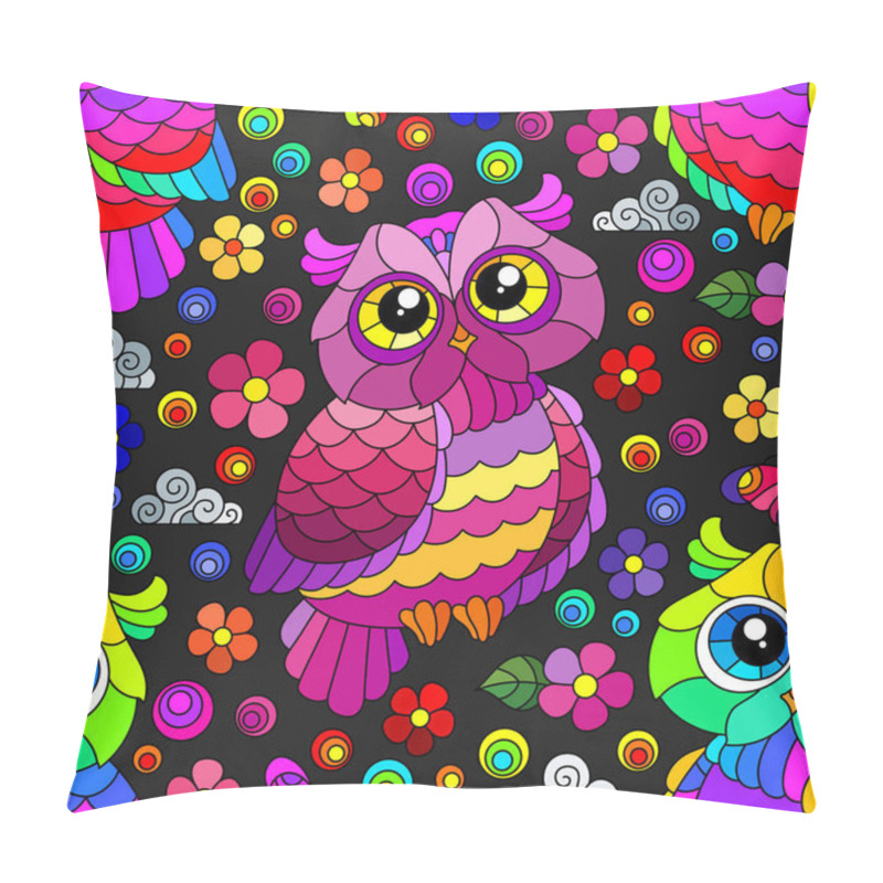 Personality  Seamless Pattern With A Cute Bright Owls, Flowers And Clouds On A Dark Background Pillow Covers