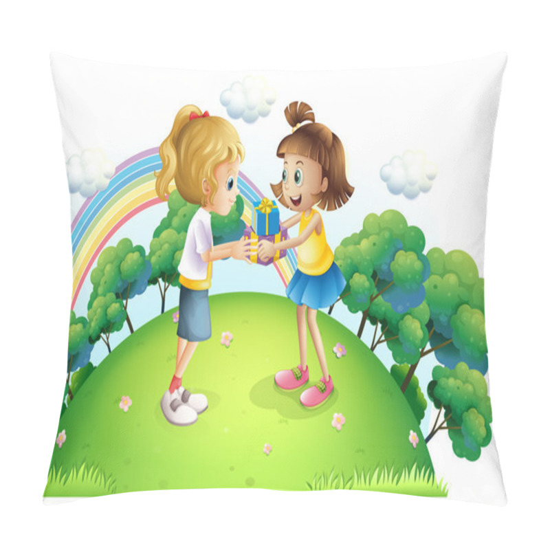 Personality  Two Girls Exchanging Gifts At The Hilltop Pillow Covers