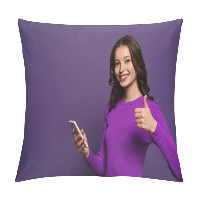 Personality  Cheerful Girl Holding Smartphone And Showing Thumb Up On Purple Background Pillow Covers