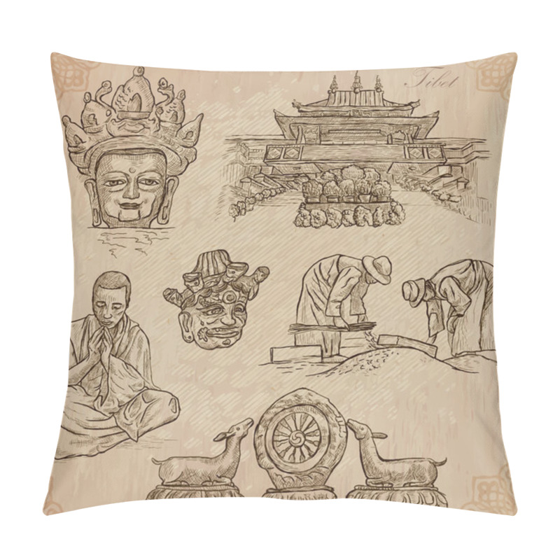 Personality  Tibet. Travel - Pictures Of Life. Vector Pack. Pillow Covers