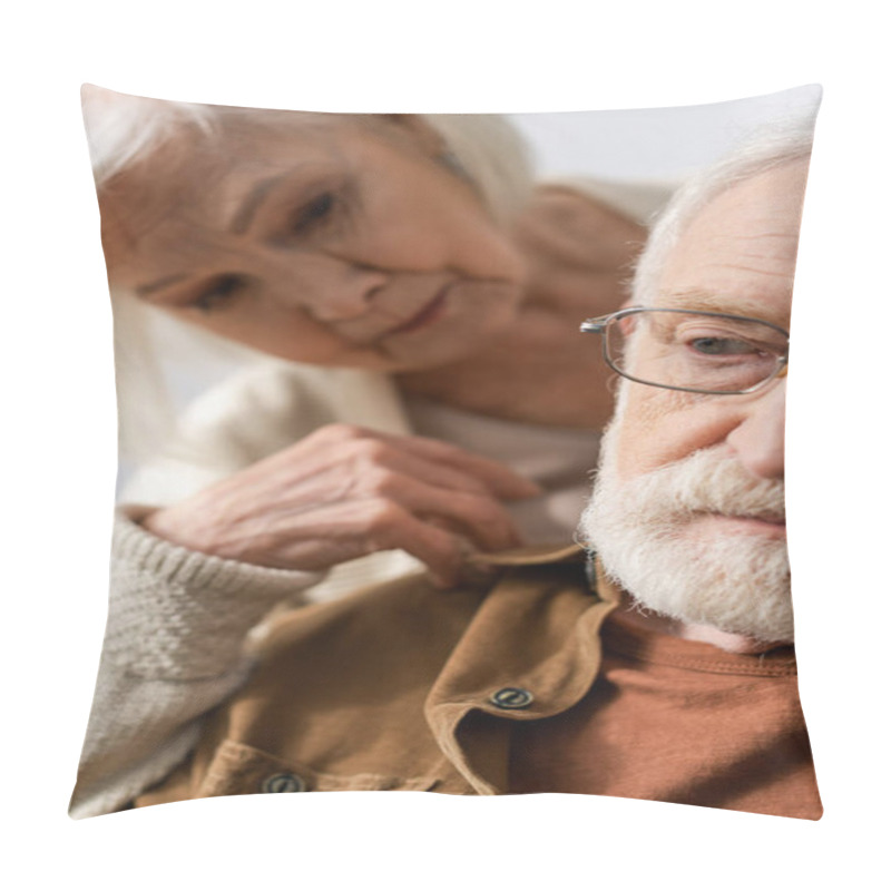 Personality  Selective Focus Of Senior Woman Looking At Husband With Dementia Disease Pillow Covers