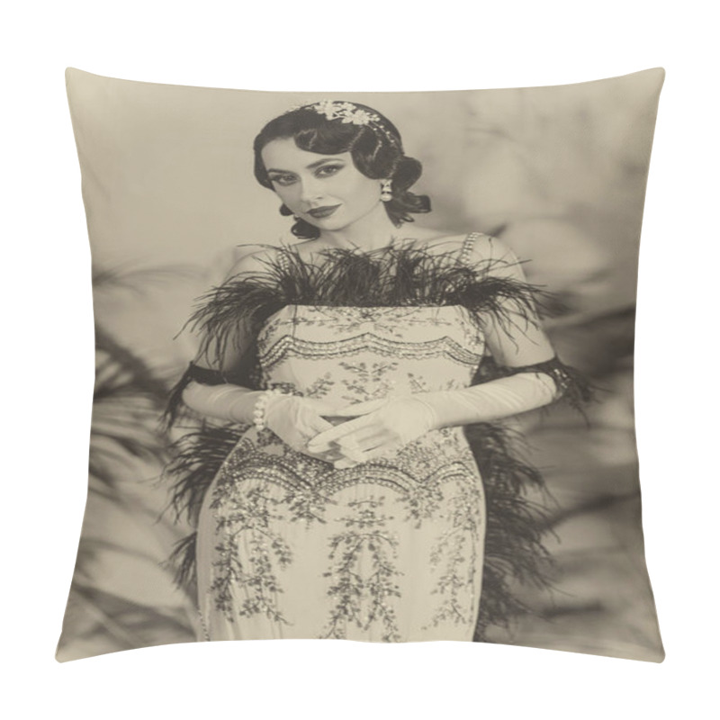 Personality  Portrait Sexy Woman In Twenties Old Style Beautiful Face Professional Makeup Retro Dress Ostrich Feather Boa Cold Wave Hairstyle. Classic Sepia Black And White Vintage Photo. Roar 1920s Fashion Model. Pillow Covers