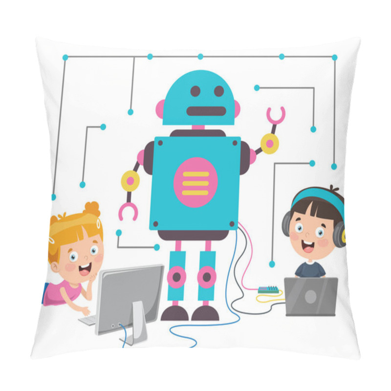 Personality  Little Happy Kid Using Technology Pillow Covers