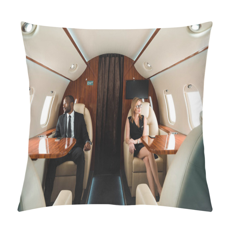 Personality  Selective Focus Of Handsome African American Businessman And Attractive Businesswoman Sitting In Private Plane  Pillow Covers