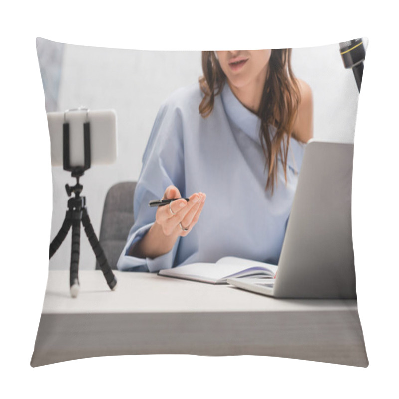 Personality  Cropped View Of Brunette Podcaster In Blur Blouse Talking During Stream Near Laptop, Smartphone On Tripod And Microphone During Stream In Studio  Pillow Covers