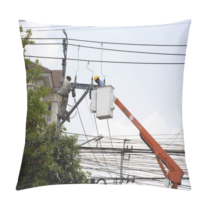 Personality  Electrician Worker Of Metropolitan Electricity Authority Working Repair Electrical System On Electricity Pillar Or Utility Pole On April 21, 2018 In Bangkok, Thailand Pillow Covers