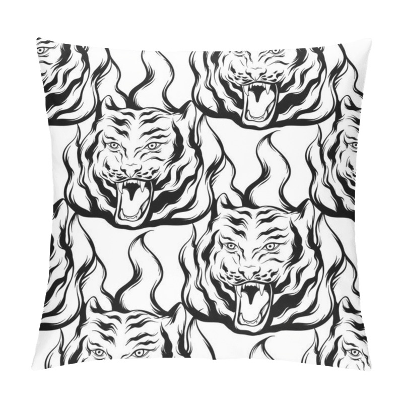 Personality  Vector Pattern With Hand Drawn Illustration Of Roaring Tiger With Fire Isolated. Template For Card, Poster. Banner, Print For T-shirt, Pin, Badge, Patch. Pillow Covers