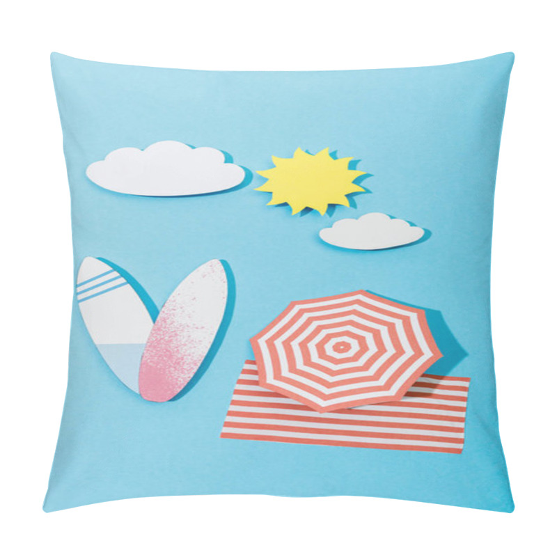 Personality  Top View Of Paper Cut Beach With Surfboards, Umbrella And Blanket On Blue Background Pillow Covers