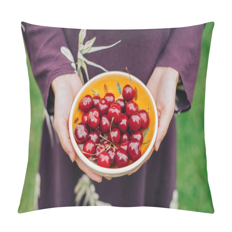 Personality  Cherry Plate In Hands Of Beautiful Girl. Harvest Of Berries. Snack. Breakfast. Healthy Food. Pillow Covers