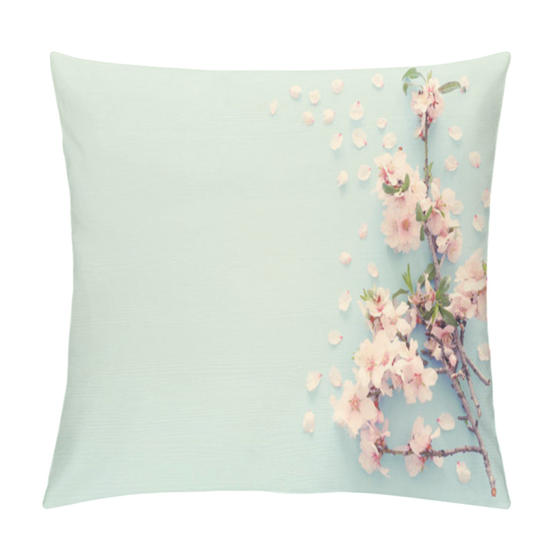 Personality  Photo Of Spring White Cherry Blossom Tree On Pastel Blue Wooden Background. View From Above, Flat Lay Pillow Covers