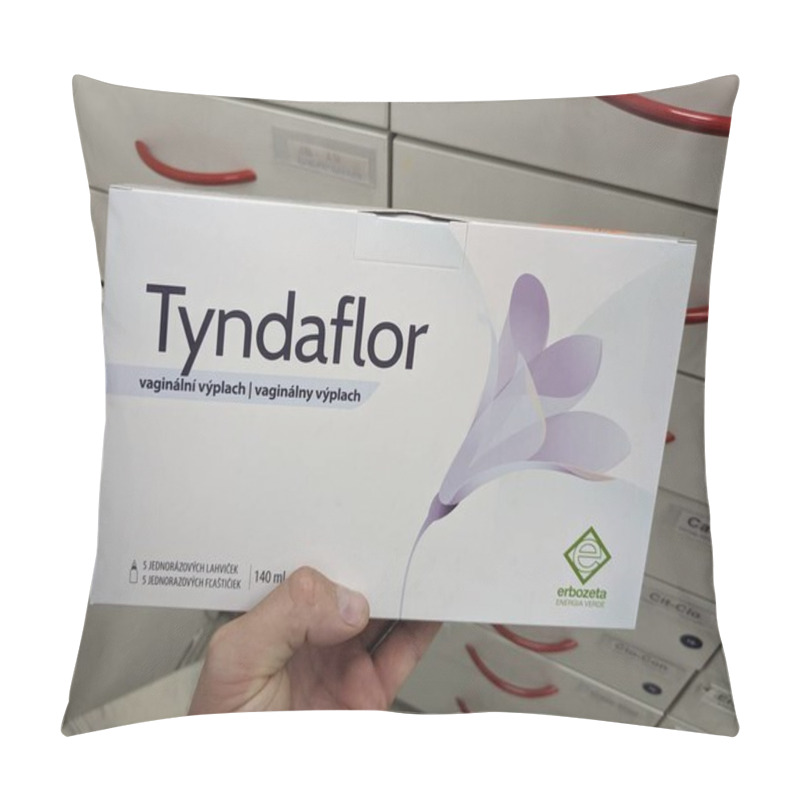 Personality  Prague, Czech Republic - July 10 2024: TYNDAFLOR Box Of Medication With METRONIDAZOLE And CLOTRIMAZOLE Active Substances By TEVA, Used For Treatment Of Vaginal Infections. Pillow Covers