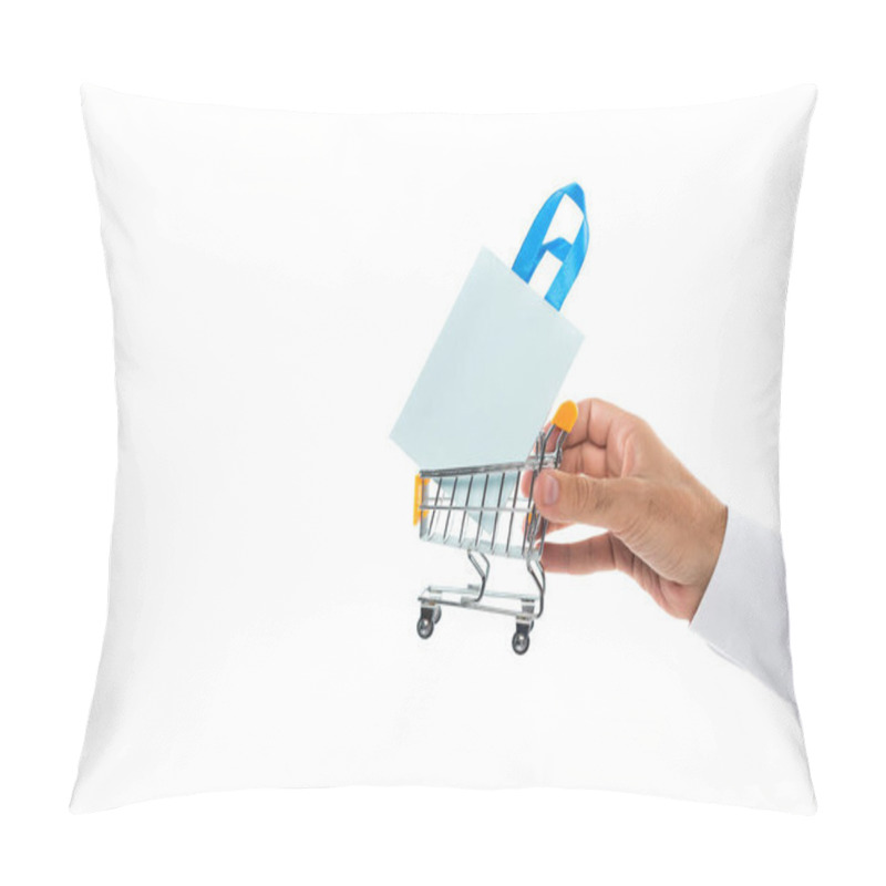 Personality  Cropped View Of Man Holding Tiny Shopping Cart With Paper Bag Isolated On White  Pillow Covers