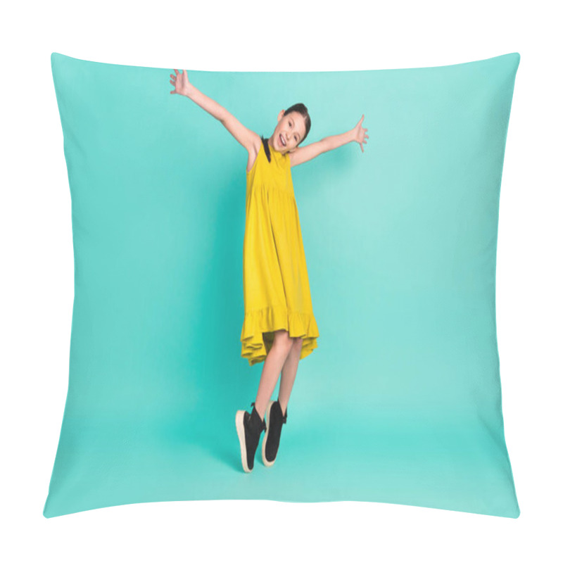 Personality  Full Size Photo Of Optimistic Nice Brown Hair Girl Dance Wear Yellow Dress Isolated On Bright Teal Color Background Pillow Covers