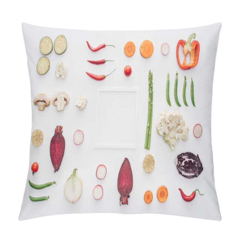 Personality  Top View Of Empty White Plate And Fresh Sliced Vegetables Isolated On White Pillow Covers