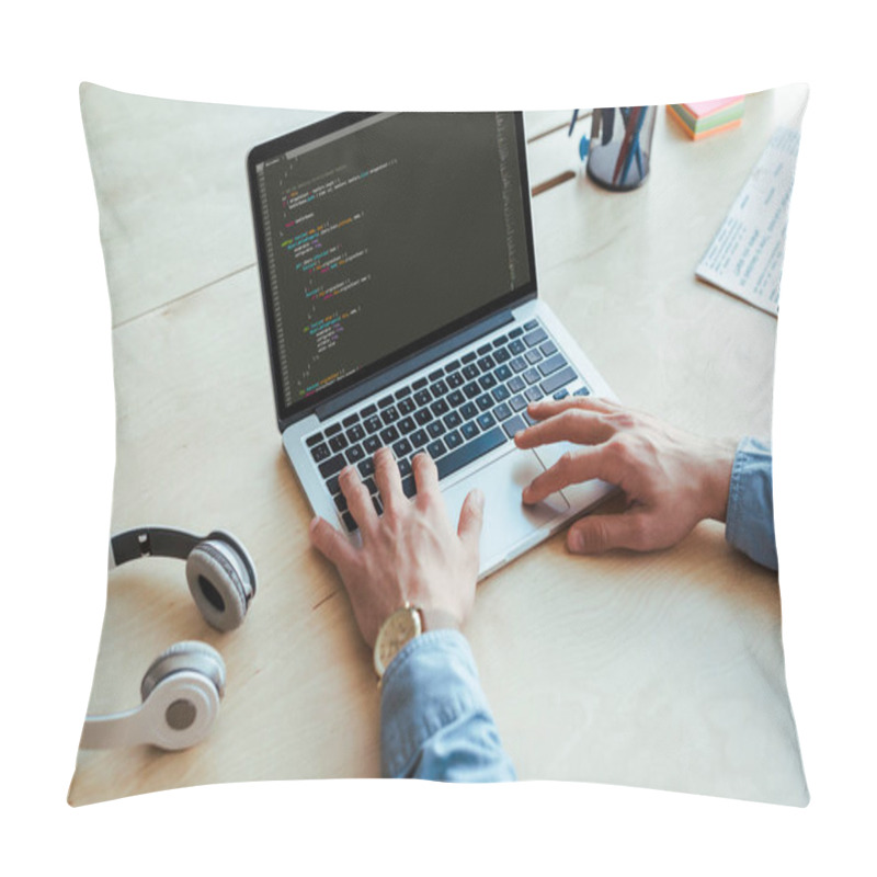 Personality  Partial View Of Developer Working With Laptop Near Headphones At Table Pillow Covers