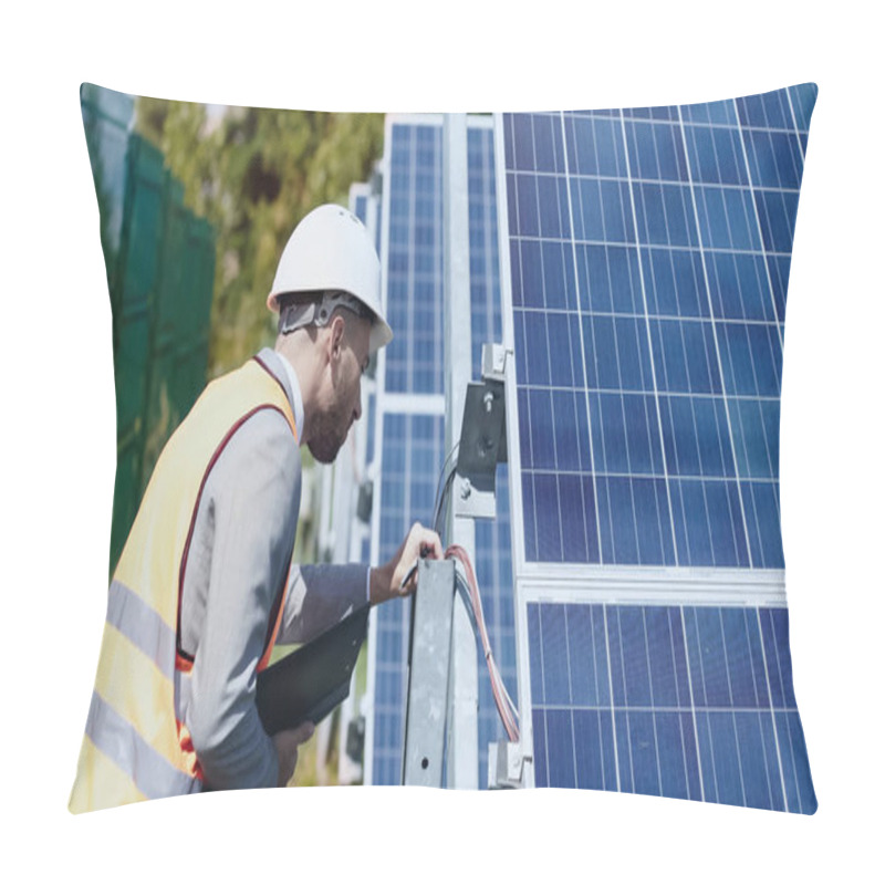 Personality  Businessman In Hardhat Checking Wires And Holding Folder Near Solar Batteries Outside Pillow Covers