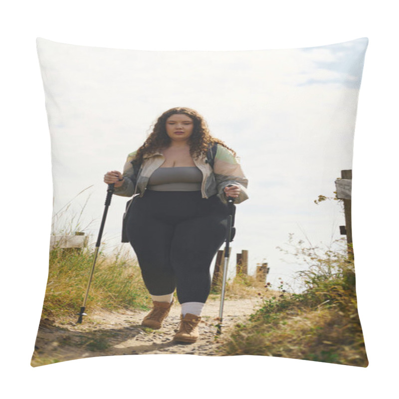 Personality  A Beautiful Plus Size Woman Explores A Peaceful Path In Nature, Enjoying Her Adventure. Pillow Covers