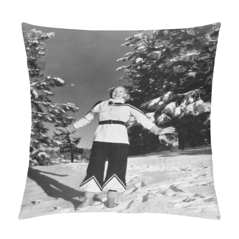 Personality  Young Woman Standing On A Hill In Snow Pillow Covers