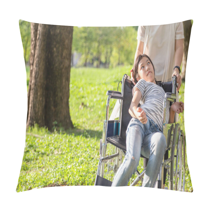 Personality  Sick Little Child Girl With Cerebral Palsy In Wheelchair Outdoor  Park Or Daughter Suffering From Seizures,illness With Epilepsy,asian Mother Or Caregiver Care Of Girl Patient,brain,mental Retardation Concept Pillow Covers