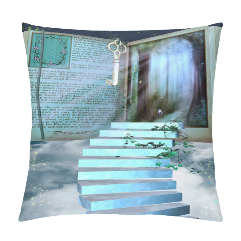 Personality  Fantasy Scene Of A Fairytale Book With A Ladder Among Clouds And Stars. Pillow Covers