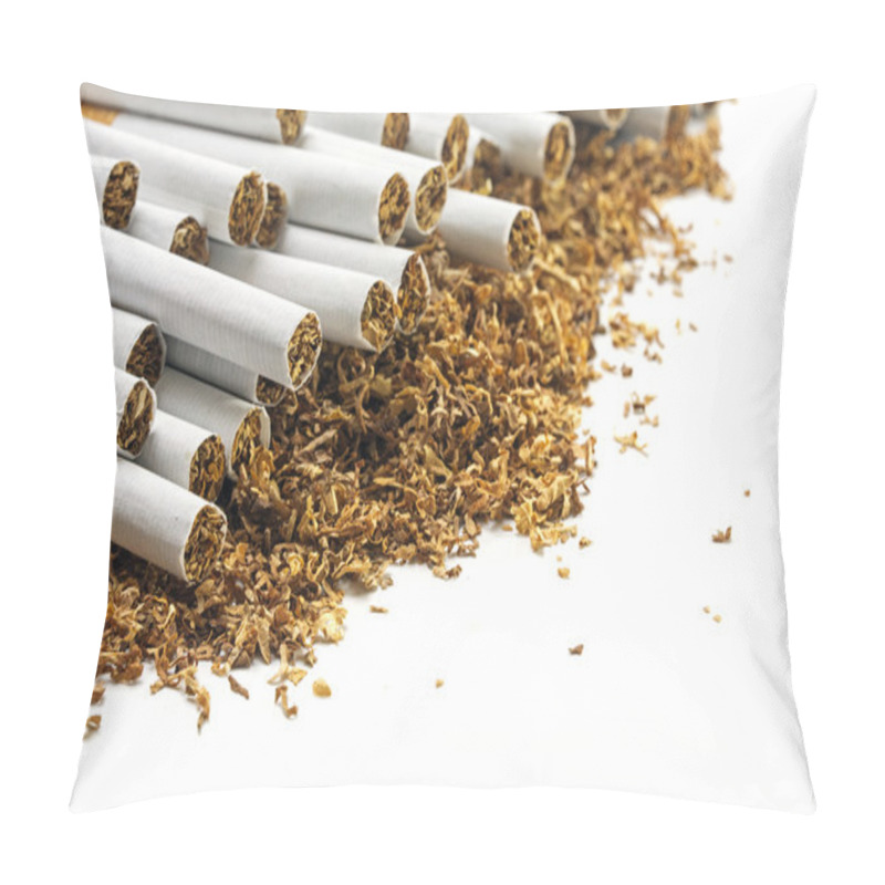 Personality  Cigarettes  On A Heap Of Loose Tobacco, Corner Background On Whi Pillow Covers