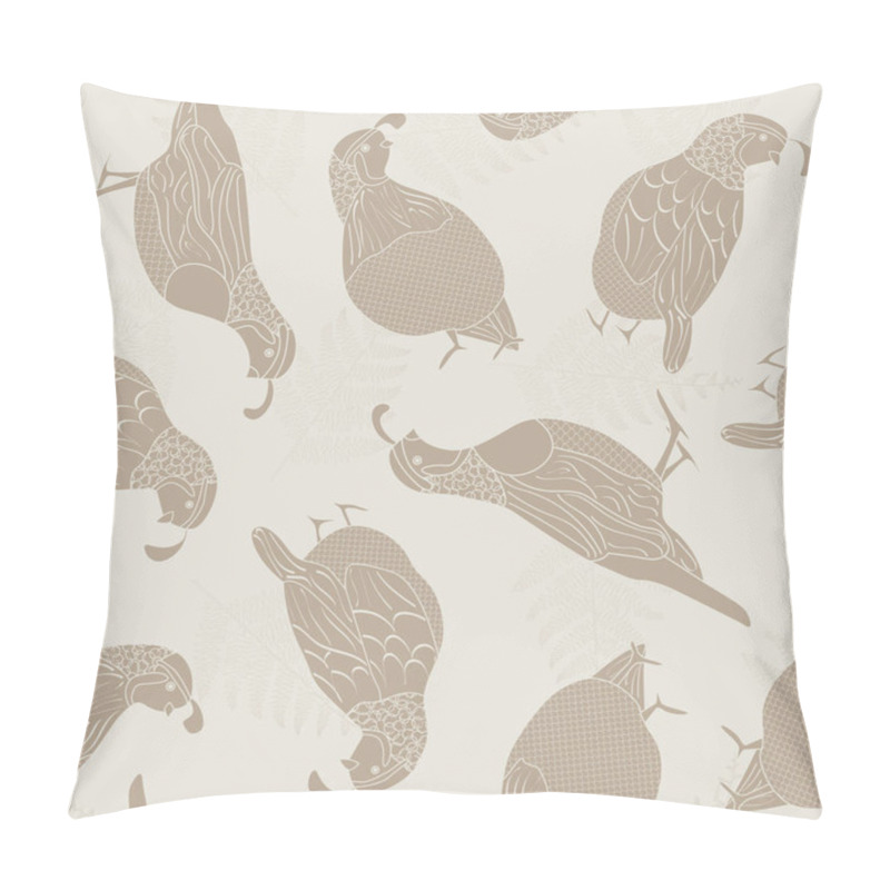 Personality  Vector Quail Birds Ferns Brown Silhouettes On Beige Background Seamless Repeat Pattern. Background For Textile, Book Covers, Manufacturing, Wallpapers, Print, Gift Wrap And Scrapbooking. Pillow Covers