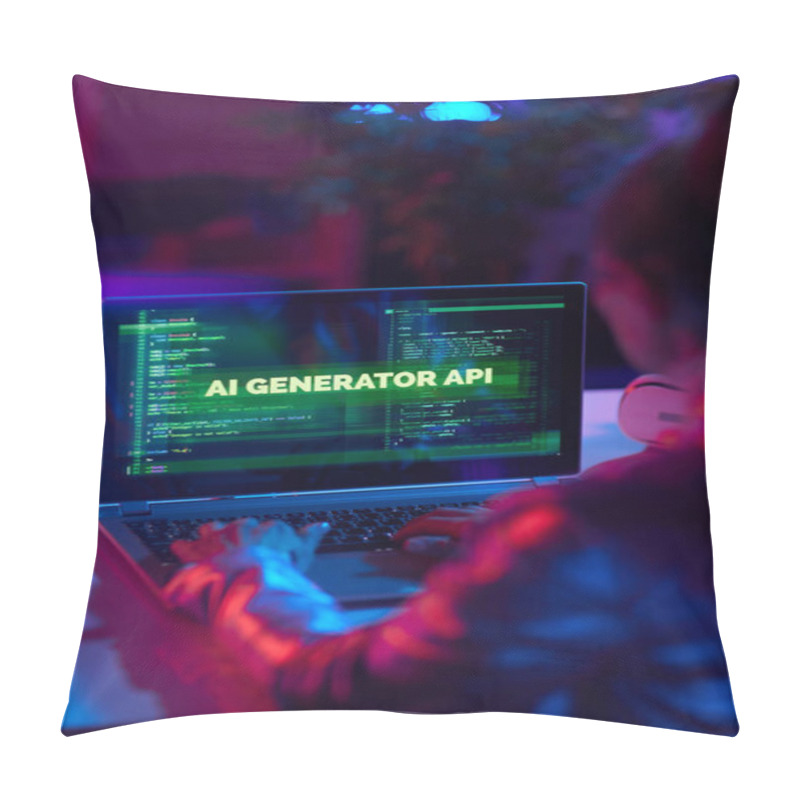 Personality  Seen From Behind Modern Business Woman With Laptop Creating Innovative Artificial Intelligence Software. Pillow Covers