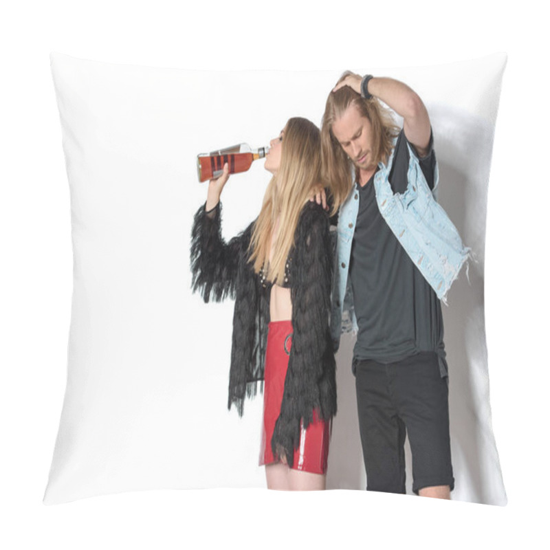 Personality  Young Drunk Couple With Bottle Of Rum On White Pillow Covers