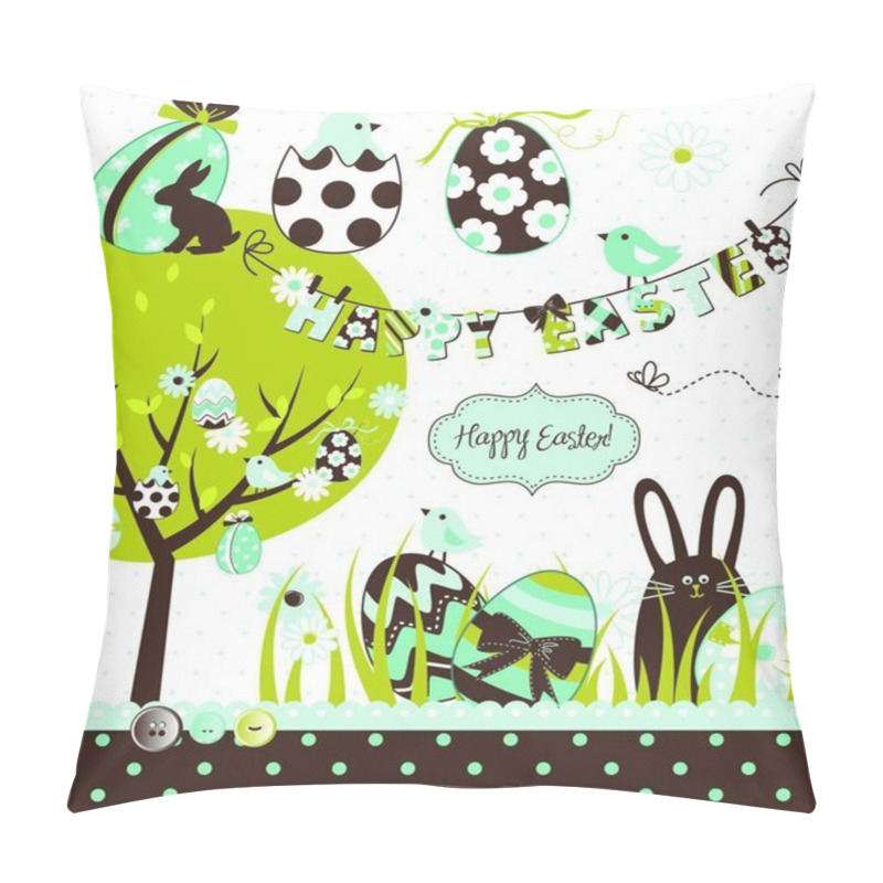 Personality  Easter Extravaganza. Big Easter Set With Cute Chocolate Rabbit, Colourful Eggs, Chicks, Easter Tree And A Clothesline With Letters On It. Ideal For Scrapbooking Pillow Covers