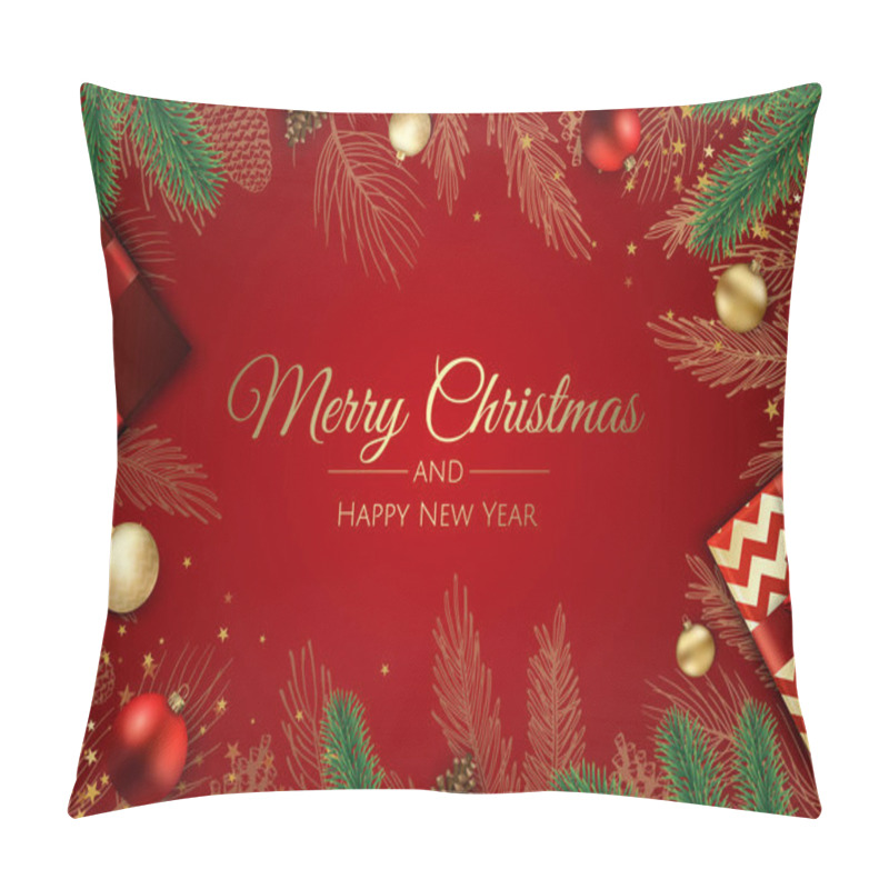 Personality  Christmas Greeting Card With Christmas Tree Decorations, Pine Branches, Snowflake And Confetti. Pillow Covers