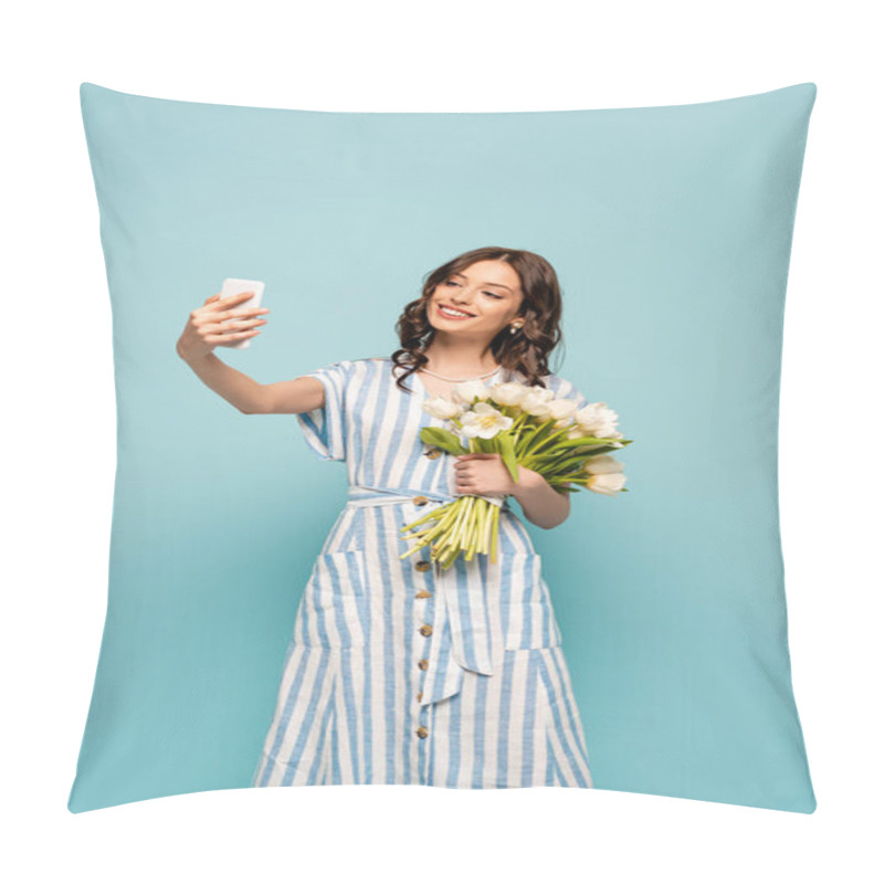 Personality  Attractive Young Woman Taking Selfie On Smartphone While Holding White Tulips Isolated On Blue Pillow Covers