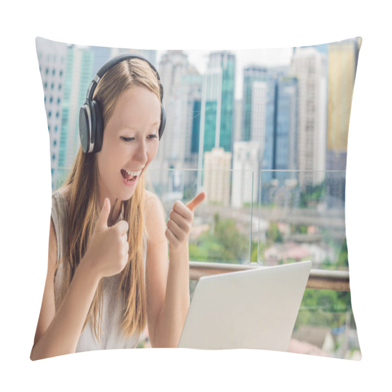 Personality  Young Woman Teaches A Foreign Language Or Learns A Foreign Language On The Internet On Her Balcony Against The Backdrop Of A Big City. Online Language School Lifestyle Pillow Covers