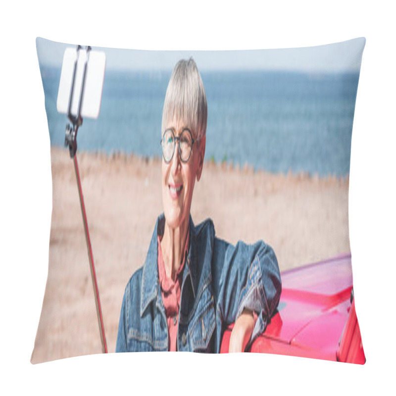 Personality  Panoramic View Of Smiling Senior Woman Standing Near Car And Taking Selfie At Beach Pillow Covers