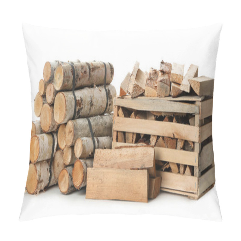 Personality  Cut Firewood On White Background. Heating In Winter Pillow Covers