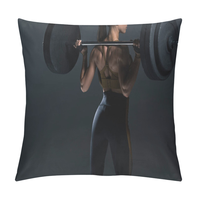 Personality  Back View Of Female Bodybuilder Posing With Barbell, Isolated On Grey    Pillow Covers