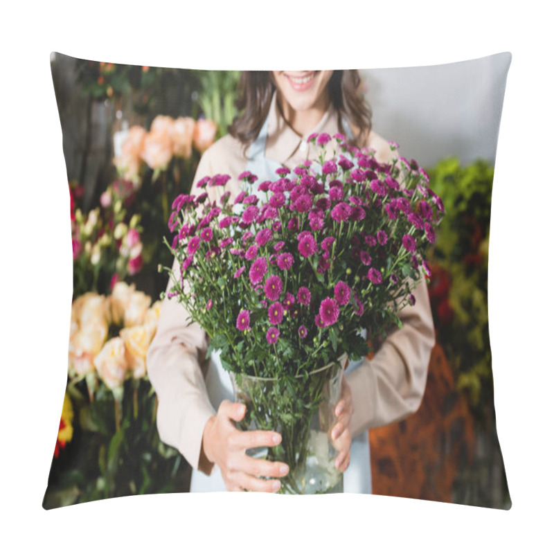 Personality  Cropped View Of Female Florist Holding Vase With Purple Chrysanthemums Near Blurred Range Of Flowers On Background Pillow Covers