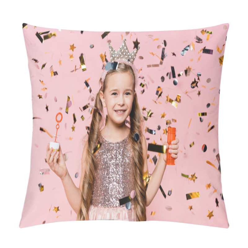 Personality  Cheerful Little Girl In Crown Holding Soap Bubbles Near Falling Confetti On Pink  Pillow Covers