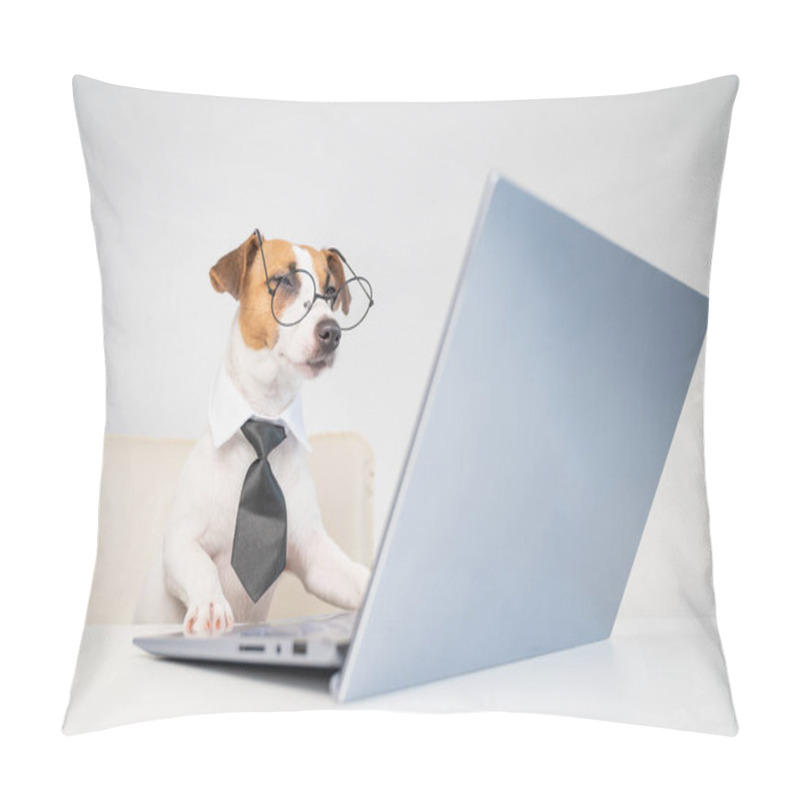 Personality  Dog Jack Russell Terrier In Glasses And A Tie Sits At A Desk And Works At A Computer On A White Background. Humorous Depiction Of A Boss Pet. Pillow Covers