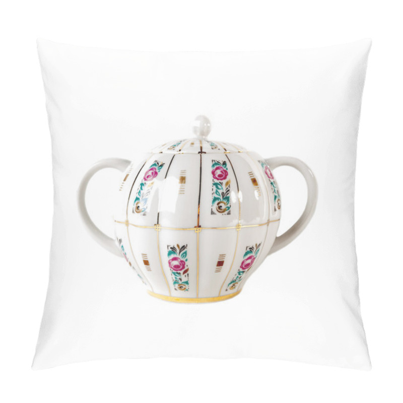 Personality  Porcelain Sugar Bowl With Ornament Of Roses And Gold In Retro Style Isolated On White Pillow Covers