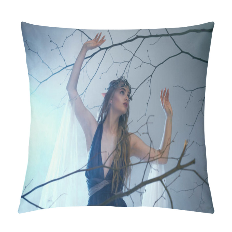 Personality  A Young Woman In A Blue Dress Standing Gracefully In Front Of A Majestic Tree, Exuding An Air Of Fantasy And Magic. Pillow Covers