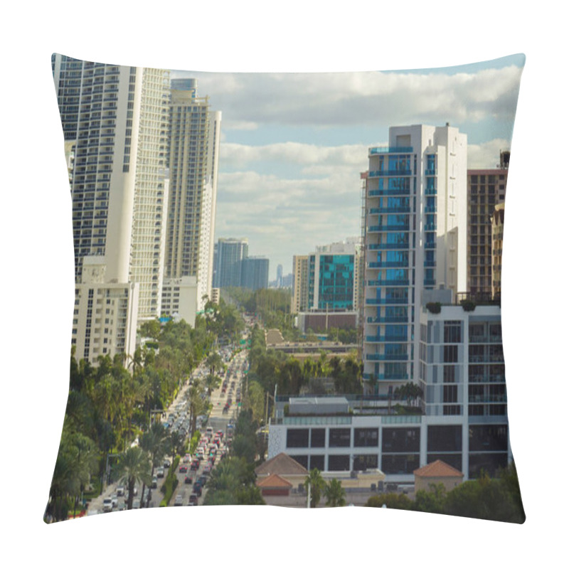 Personality  Expensive Highrise Hotels And Condos On Atlantic Ocean Shore In Sunny Isles Beach City And Busy Street Traffic. American Tourism Infrastructure In Southern Florida. Pillow Covers