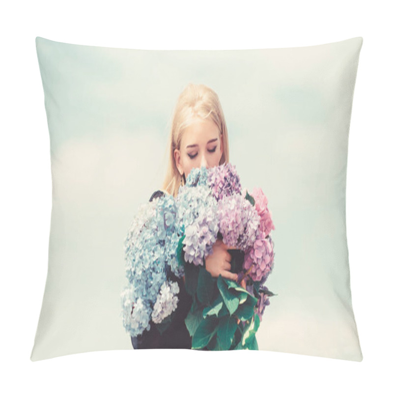 Personality  Enjoy Spring Without Allergy. Springtime Bloom. Pollen Allergy. Gentle Flower For Delicate Woman. Girl Tender Blonde Hold Hydrangea Flowers Bouquet. Allergy Free Life. Stop Allergy Blooming Season Pillow Covers