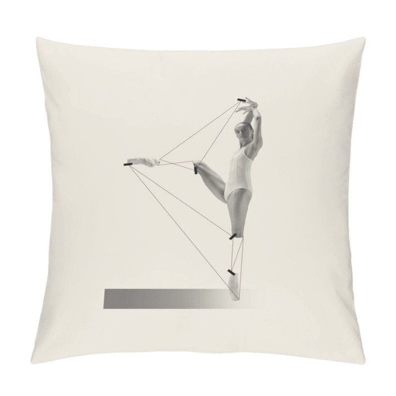 Personality  Contemporary Art Collage With Professional Ballerina Dancing Isolated Over Grey Background. Line Art Design. Tenderness. Concept Of Classic Dance Style, Art, Show, Beauty, Inspiration Pillow Covers