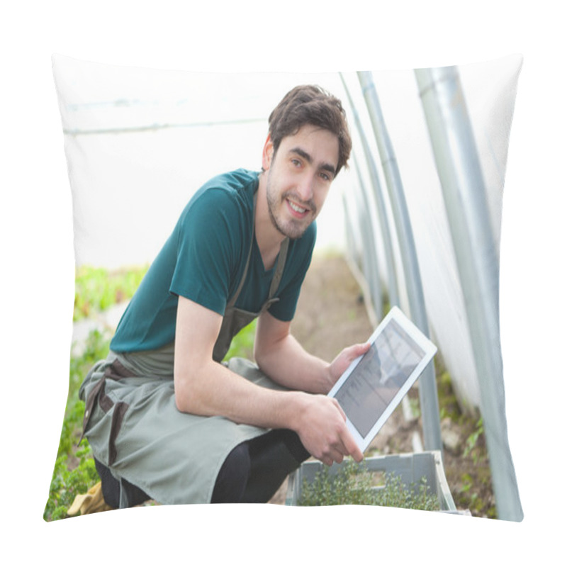 Personality  Young Business Farmer Working On His Tablet Pillow Covers