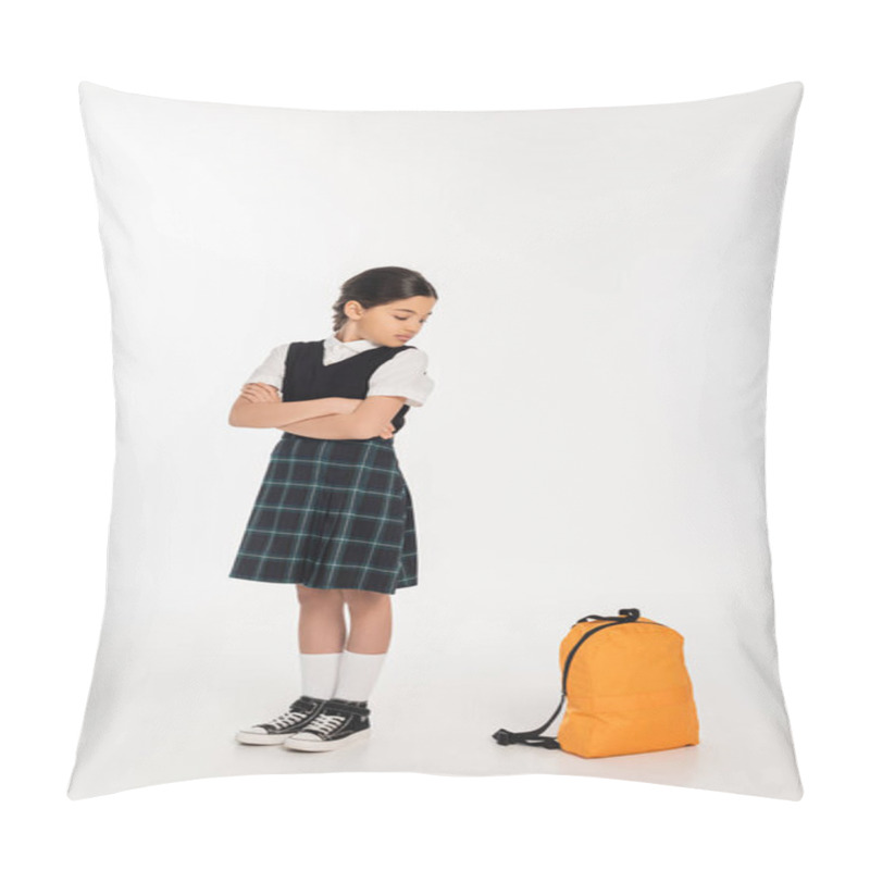 Personality  Displeased Schoolgirl Standing With Folded Arms And Looking At Backpack, Full Length, School Concept Pillow Covers