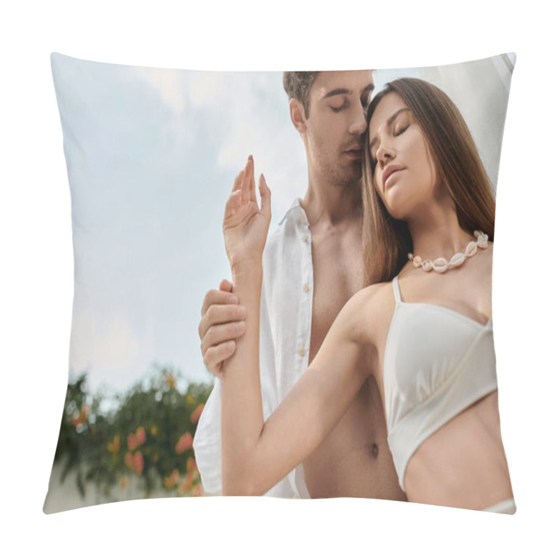 Personality  Tender Couple, Man And Woman In White Attire Standing Together During Vacation, Low Angle View Pillow Covers