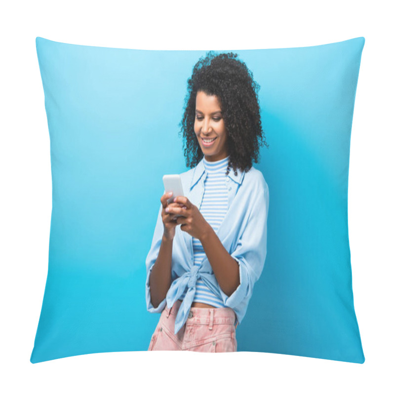 Personality  Cheerful African American Woman Texting On Smartphone On Blue Pillow Covers